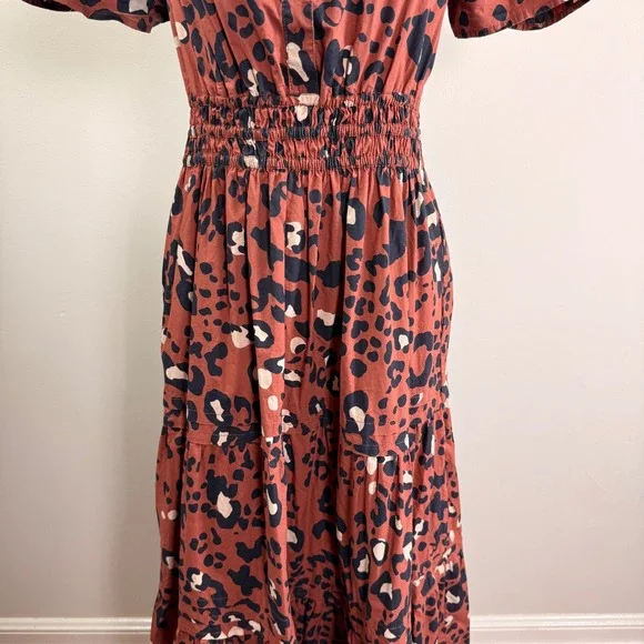 Anthropologie Maeve Somerset Leopard Maxi Dress Brown Smocked Waist Pockets Sml. - Picture 7 of 15